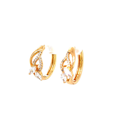 A pair of Zirconia Stones Huggies Earrings, crafted with 14k rose gold-filled material and secured with an English lock. These hypoallergenic earrings boast a delicate leaf-shaped design adorned with small, sparkling zirconia marquise-cut stones, showcasing their elegance against a white background.
